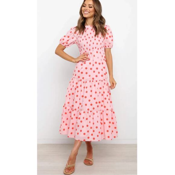 Petal & Pup Pink Tiered Polka Dot Midi Dress Smocking Feminine Flattering US 8 - Picture 1 of 8